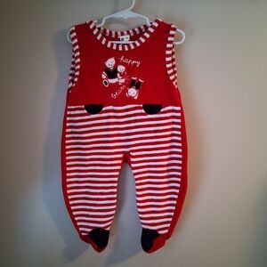 Kid's Vintage Red & White Candy Cane Striped One Piece Terry Cloth Footie Jumper